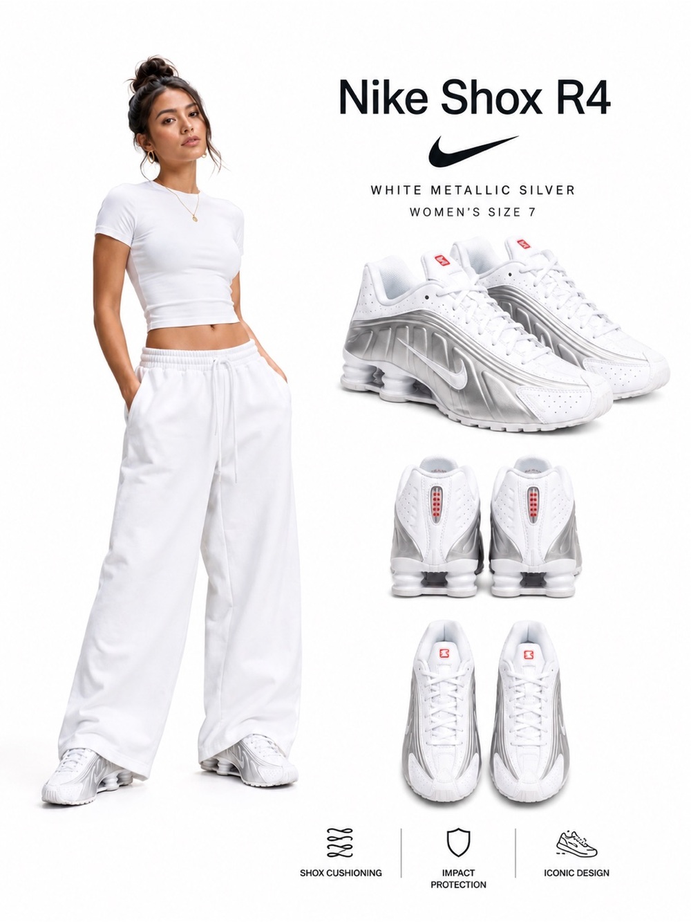 Nike Shox R4 White Metallic Silver wmns size 7 NWT